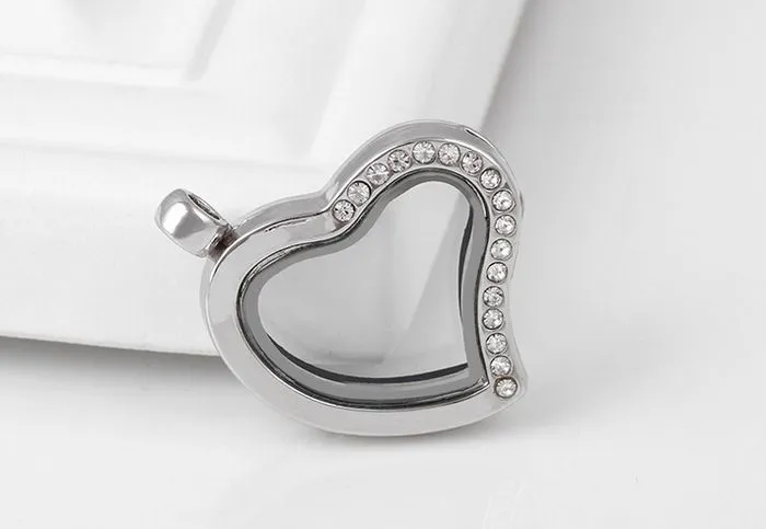 Wholesale Half Rhinestones Heart Magnetic Memory Glass Floating Charm Locket Pendant