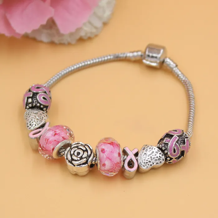 Gratis Verzending Nieuwe Collectie Nieuwste Breast Cancer Awareness Sieraden Rose European Bead Charm Borstkanker Roze Lint Armband