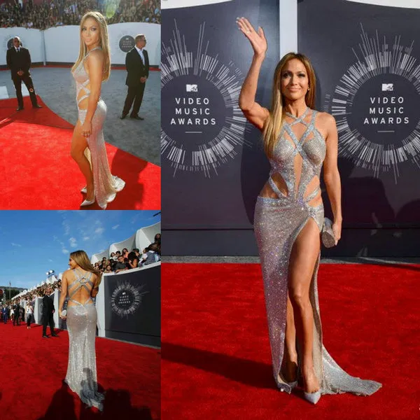 Jennifer Lopez Betaalbare Luxe Sexy Prom Dresses met Criss Cross Straps Split Sequin Backless Silver Celebrity Red Carpet Towns