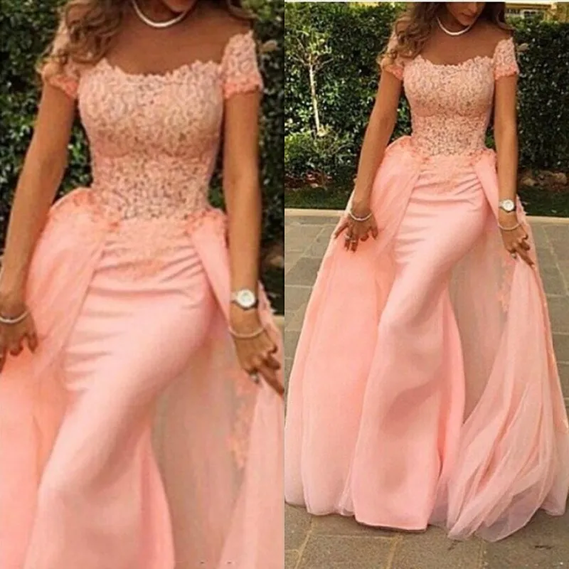 Moda staccabile Blush Pink Sirena Abiti da sera eleganti Maniche al largo della spalla Manica corta Abiti da ballo in pizzo Occasioni speciali