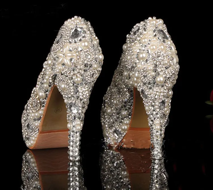 Unique Ivory Pearl Rhinestone Wedding dress Shoes Peep Toe High Heeled Bridal Shoes Waterproof Woman Party Prom Shoes Platforms Banquet