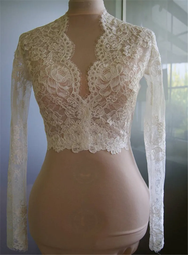 Envoltórios de noiva baratos modestos cristais de renda alencon bainha decote em v casamento bolero de noiva para vestidos de noiva manga longa apliques de renda 2435