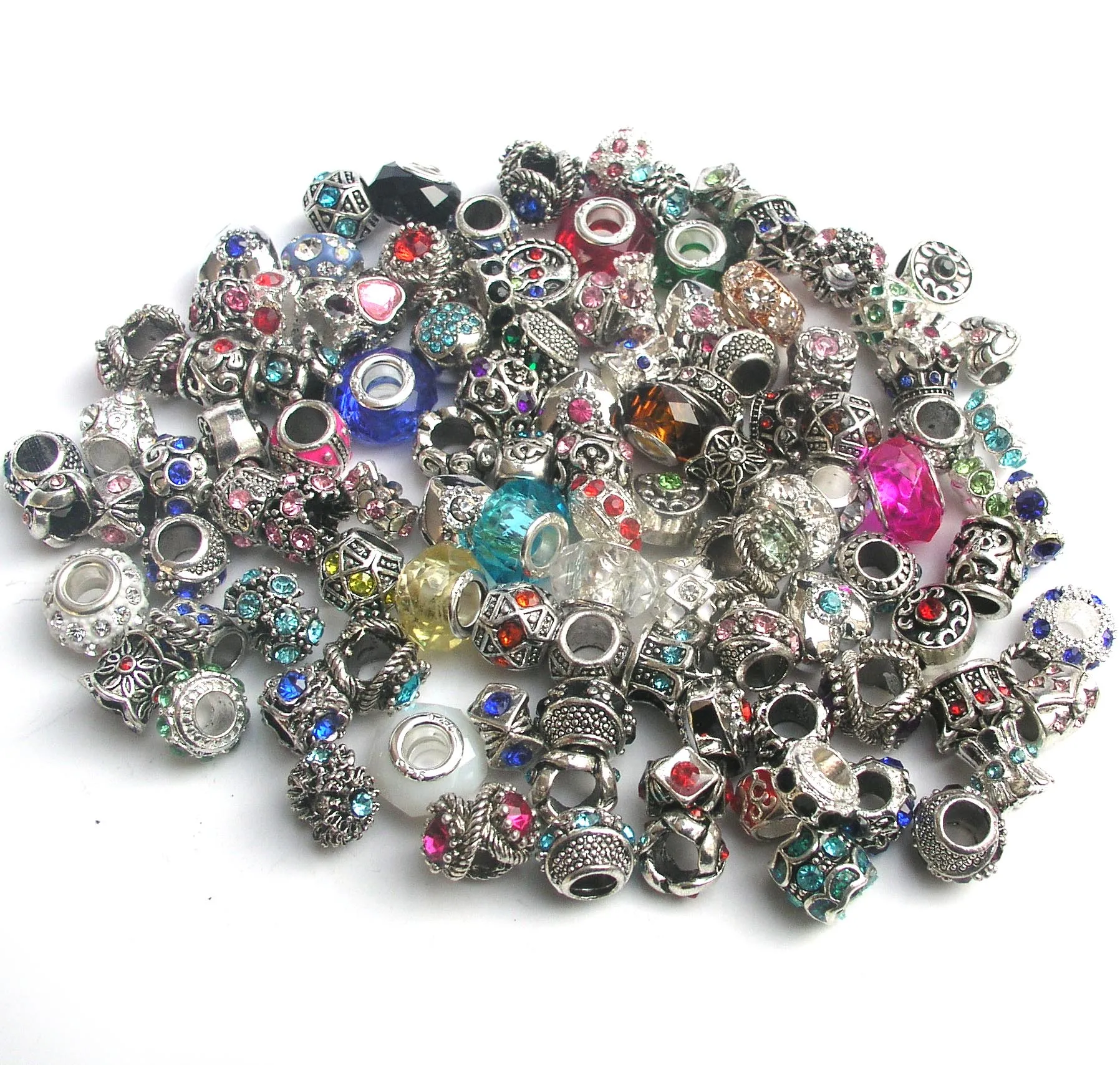 Darmowa Wysyłka 100 sztuk / partia Mix Style Kolorowe Rhinestone Metal Big Hole Koraliki Kryształ Szkło Charms Fit Europejskiej DIY Bransoletka Biżuteria DIY