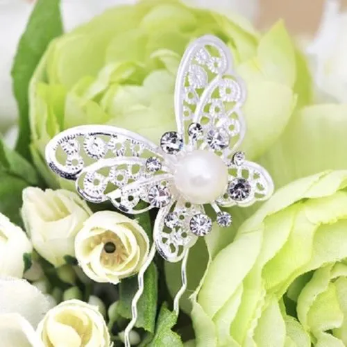 Kryształowy Rhinestone Sztuczne Pearl Motyl Kwiat Włosów Pin Klipy Spinacze Kobiety Włosy Biżuteria Ślubna Srebrny