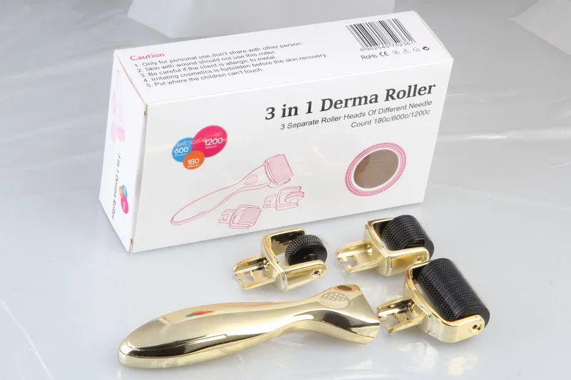 3 in 1 Derma Roller,3 separate roller heads of different needle count 180c/600c/1200c golden handle micro needle skin roller scar treatment