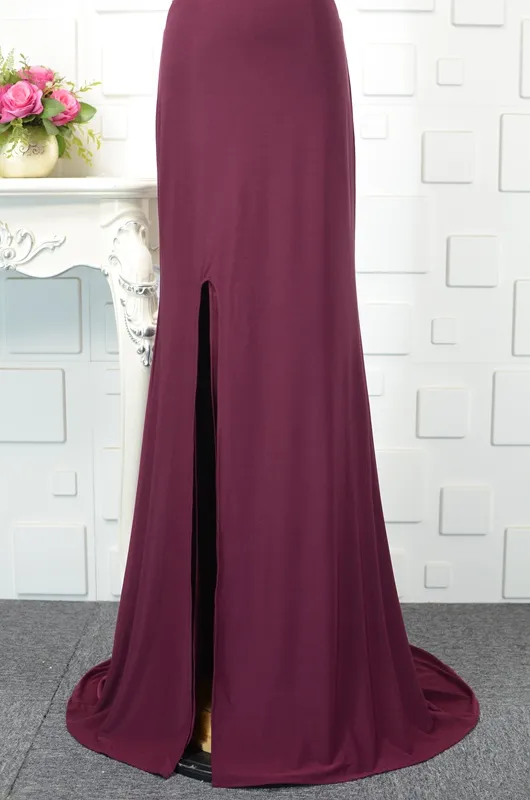 Sexy Bourgondië Mermaid Avondjurken Scoop Illusion Sheer met Kralen Side Split Elastische zijde zoals Satin Long Prom jurken echte foto's