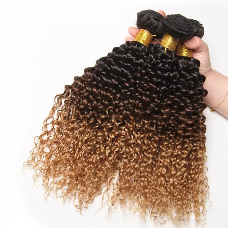 Grade 9A Péruvienne Vierge Cheveux Crépus Bouclés Tisse Trois 3 Tons 1B 4 27 Honey Blonde Ombre Extensions de Cheveux Humains 3 Bundles 