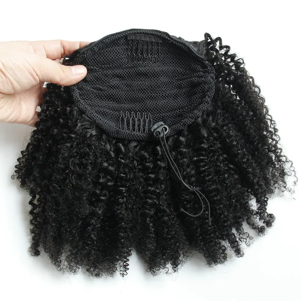 140g Short High Ponyraft Hairpiece Clip In 4c Afro Kinky Curly PeNy Trail Drawstring Hair Extensions Puff Curly Humain Hair Ponytail Jet Black