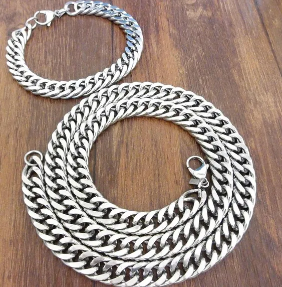 23''+8.7'' New 316L Stainless Steel Jewlery Set 9mm wide Curb Chain Link necklace & bracelet for Fashion Men Jewelry Gifts Silver Tone