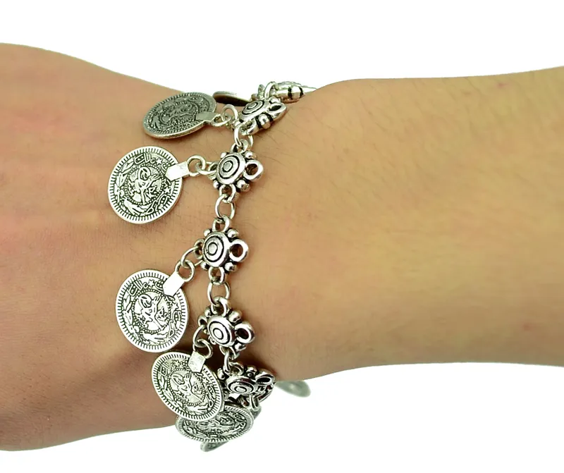 Mode Bohème Fleur Enfant Argent Coin Bracelet Réglable À La Main design floral Boho Gypsy Beachy Ethnique Tribal Festival Bijoux