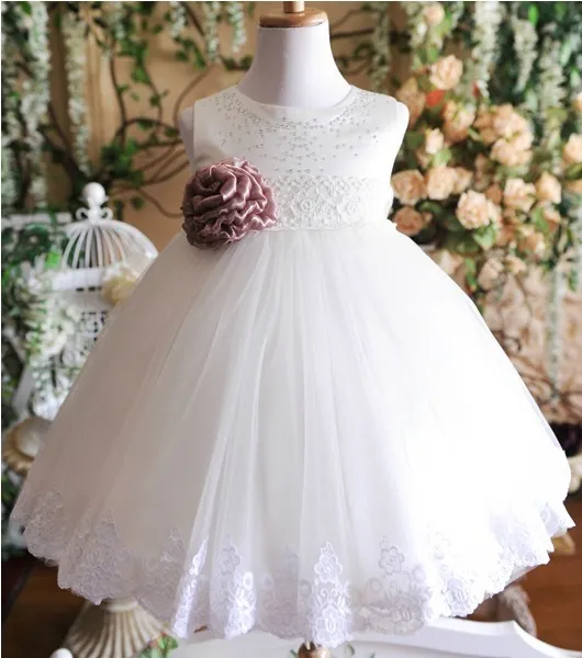 2017 White Bow Flower Girl Dresses Princess Girls Pageant Kids Tulle Floor Length Communion Wedding Party Gown