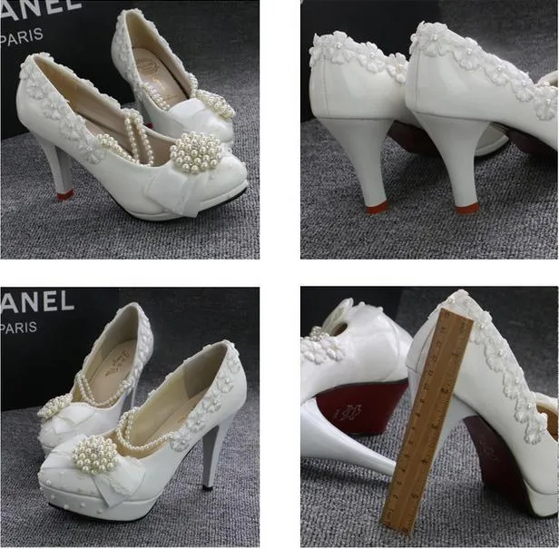 White Beaded Pearls wedding shoes Round Toe High heel Applique Summer Sandles bridal shoes accessories