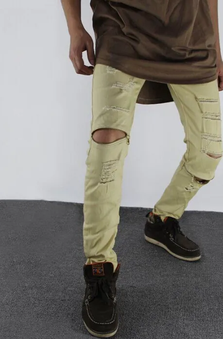 2021メンズファッションリッピングジーンズの苦しんでいるスキニーバイカージッパーデザイン膝穴ズボン男春秋の服のズボン