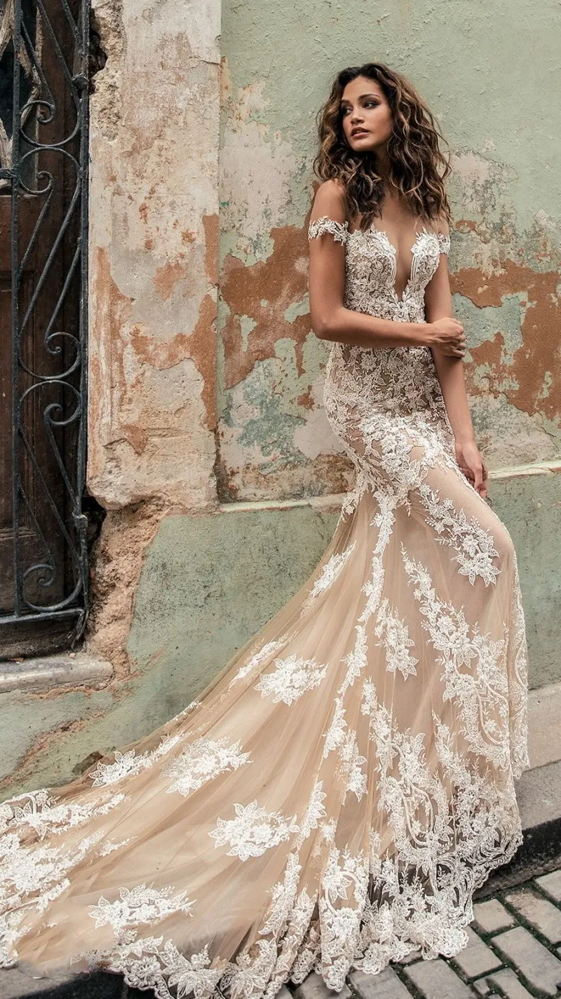 Julie Vino 2019 New Lace Mermaid Wedding Dresses Sheer Off The Shoulder Appliqued Bridal Gowns Short Sleeve Elegant Wedding Dress