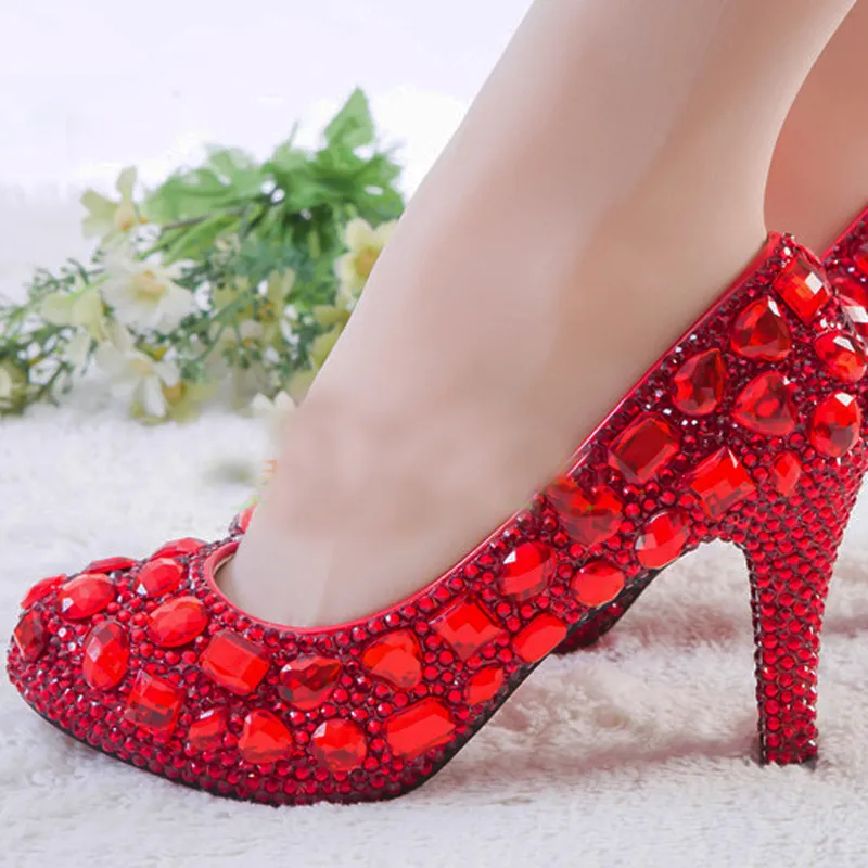 Rote Strass-Absätze für Damen, Kristall-Pumps, Hochzeits-Plateau-Kleid-Schuhe, Cinderella-Valentinstag-Party-Kleid-Schuhe, Größe 9 10 11