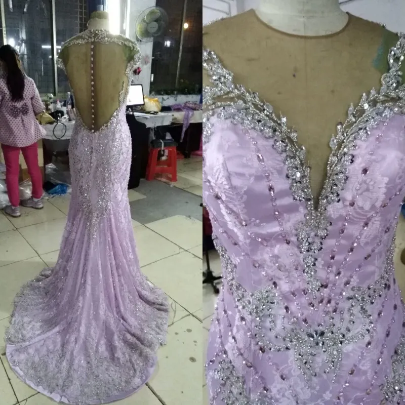 Wysokiej jakości Zroszony Suknie Wieczorowe Luksusowy Lawenda Koronki Syrenka Suknie Wieczorowe Sheer Jewel Neck Koraliki Cekiny Kryształy Haft Prom Dress