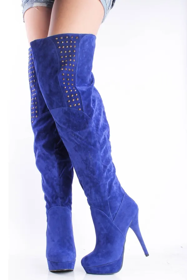 Stivali sopra il ginocchio le scarpe da donna Décolleté neri / blu Stivali in pelle scamosciata con strass Scarpe con tacco alto Stivali da donna Nuovo arrivo 2015 Custom Made