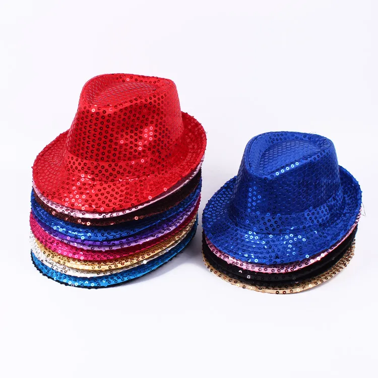 ! 패션 스팽글 재즈 모자 남성용 여성용 모자 세련된 Trilby Sequins Performance 크리스마스 파티 용 무용 모자