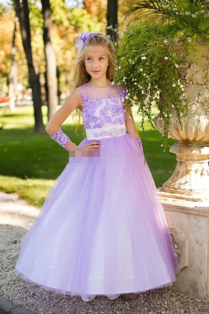 Linda uma linha Jeia comprimento do piso Lilac Tulle Apliques FLOR GIRLS039 VENDOS DO ESTILO DO JARDIM MODESTANTES MENINAS PRI9581271