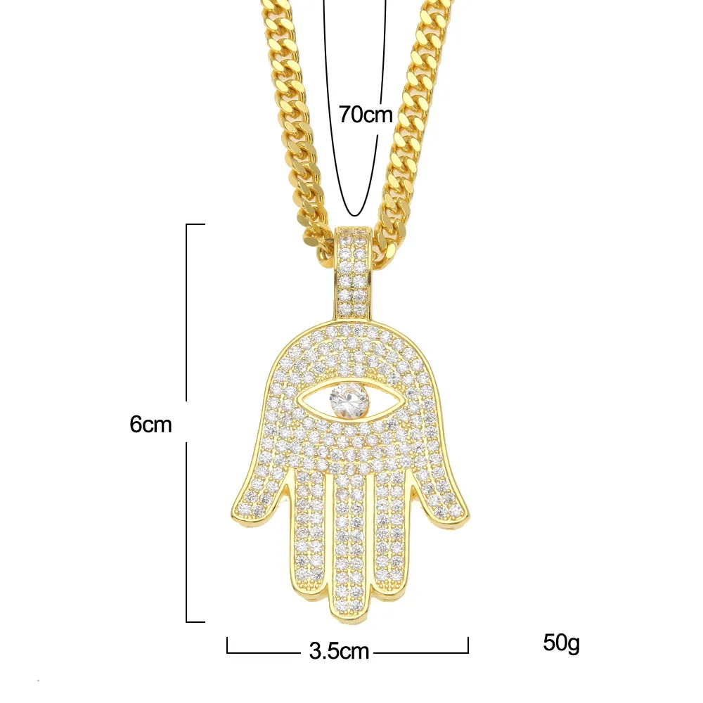 Collana con pendente a mano Hamsa in rame ghiacciato Collana con zircone cubico Fatima Palm Collana Hip Hop Gioielli da donna da uomo Drop Shipping