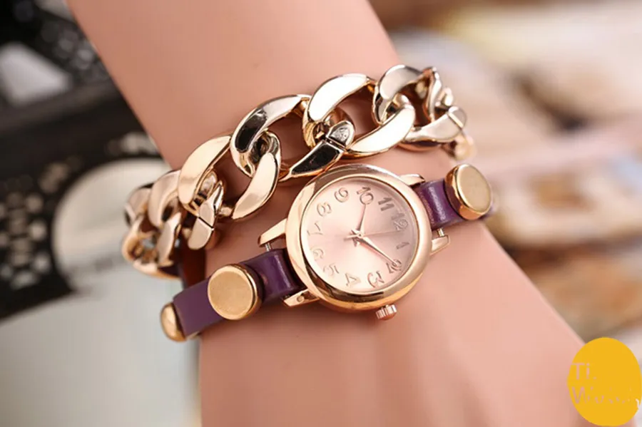 2015 New women vintage leather strap watches.Metal chain bracelet dress watch,fashion ladies wristwatch,drop-shipping