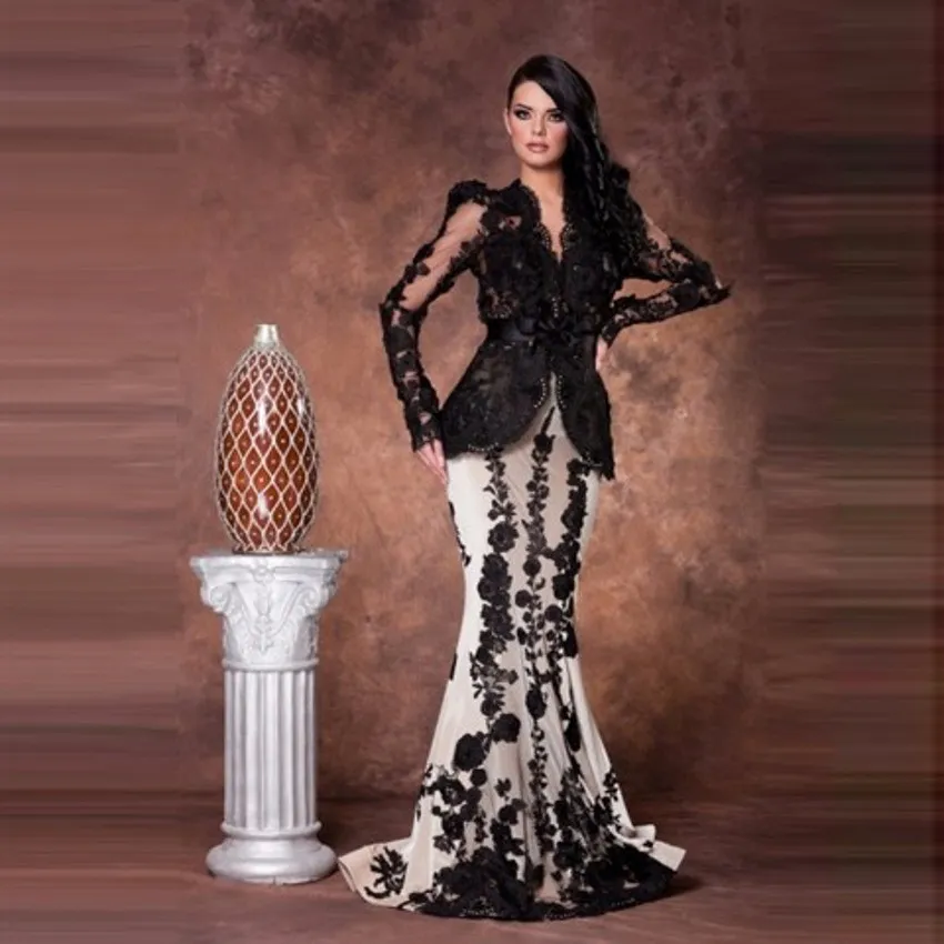 Sjöjungfru ärm Arabia Saudi Prom Robe de Soiree Long Black and White Lace Aftonklänningar Mor till brudklänning