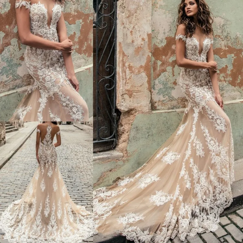 Julie vino 2019 nieuwe kant zeemeermin trouwjurken Sheer off the shoulder geappliceerd bruidsjurken korte mouw elegante trouwjurk