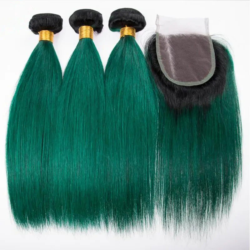 Ombre Black Dark Green Hair 3 Bundles With 4x4 Closure Silky Straight Virgin Human Hair Weft Extension With 1B Green Closure 4x4