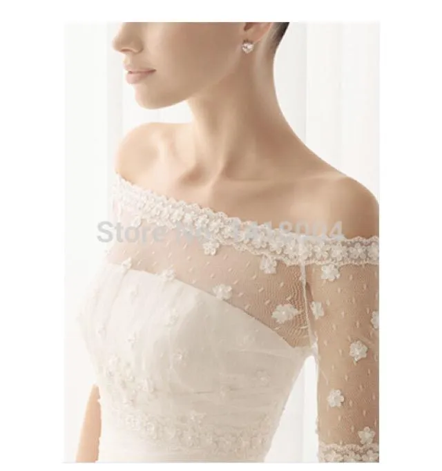 Unik Design Bröllop Bridal Wraps Half Långärmade Snygg Lace Applique Bolero Jackor Sjalrockar för bröllopsklänning Brudtillbehör