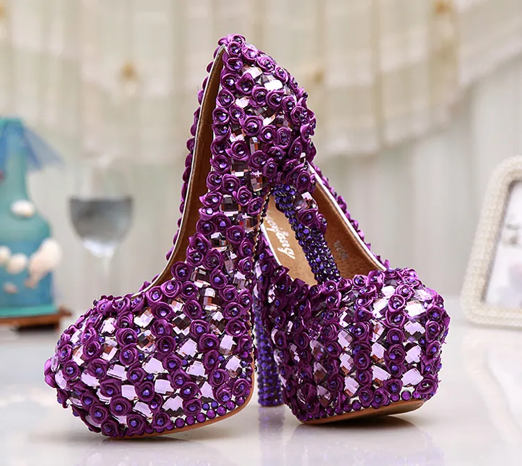 Grande Tamanho 11 Lindo Roxo Plataforma De Cristal Saltos Bombas Mulheres Wedding Party Dress Shoes 5 Polegadas de Casamento Bouquet Prom Shoes