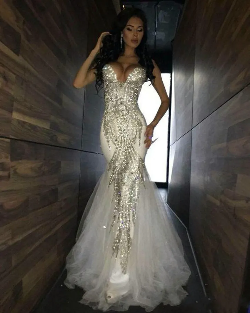 2019 New Luxury Bling Sparkle Prom Dresses Mermaid White Deep V neck Beaded Crystal Long Tulle Prom Dress Evening Gowns