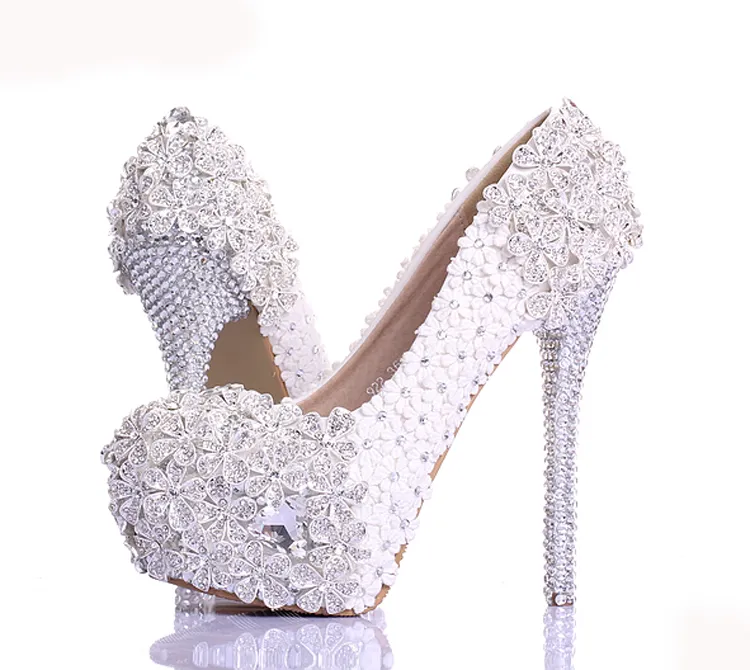 Spring White Lace Flower Rhinestone Wedding Buty Najnowszy projekt luksusowe ręcznie robione buty ślubne na wysokim obcasie