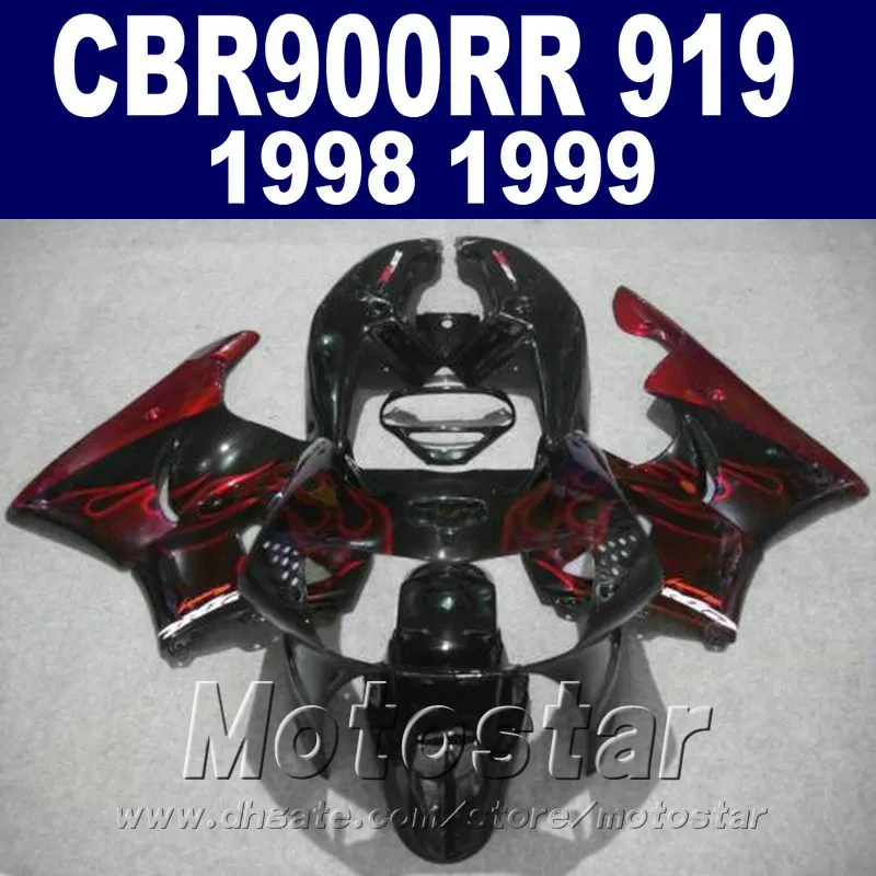 Professionella kroppsfeedningar för Honda CBR900 RR Fairings 98 99 CBR900RR CBR919 1998 1999 Röda Flammor Svart Custom Fairing Kit QD81