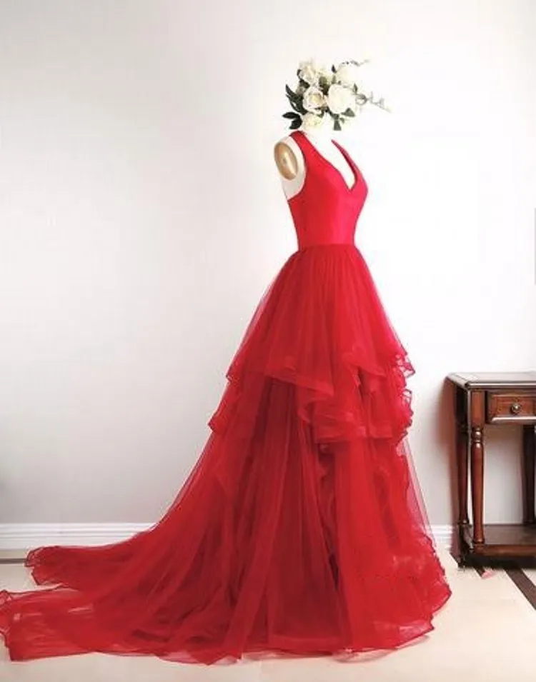 Red Halter Neck Formal Dress Sleeveless V-Neck Tulle Satin Backless Zipper  Sweep Train from Dhgate Prom Dresses - price 133.76