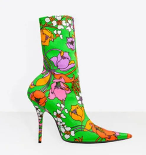 2017 Retro Floral Print Stretch Tkanina Bootie Kobiety Spinty Toe Zakryte Heel Boot Sexy Stiletto Buty Buty Slip On Buty Kobieta