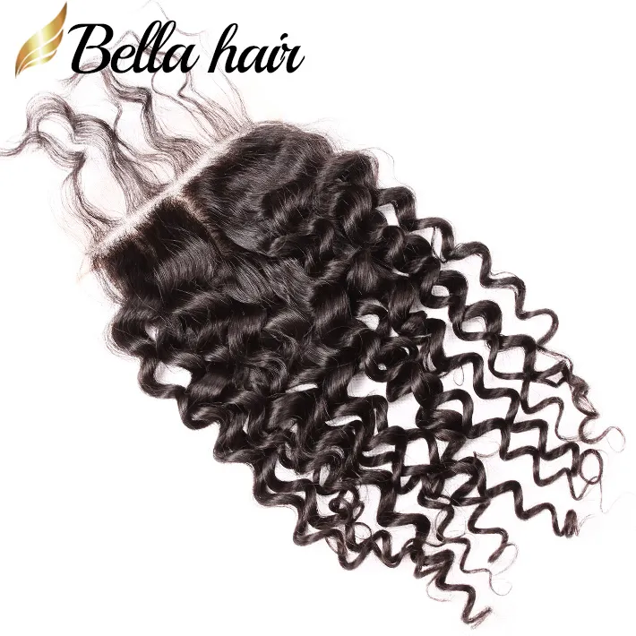 إغلاق الشعر قاعدة الحرير kinky curly نسج أعلى إغلاق 4x4 Virgin Peruvian remy الشعر البشري قطعة bellahair
