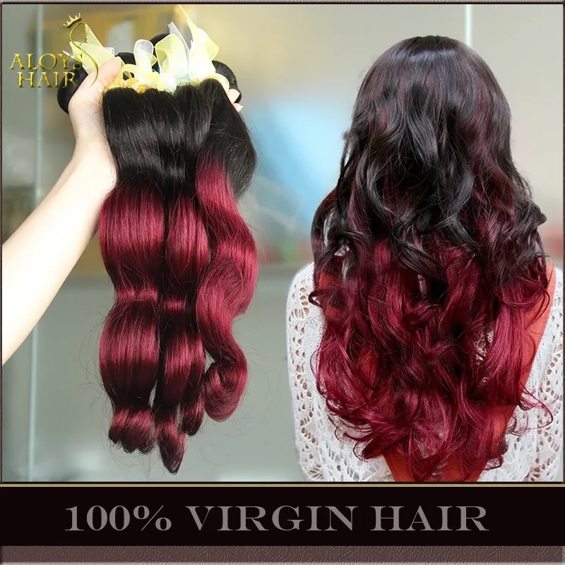 Ombre Malaysian Body Wave Virgin Human Hair Extensions 2 Två Tone 1B / 99J Burgundy Vin Röd Malaysisk Remy Human Hair Weave Bundles Natural