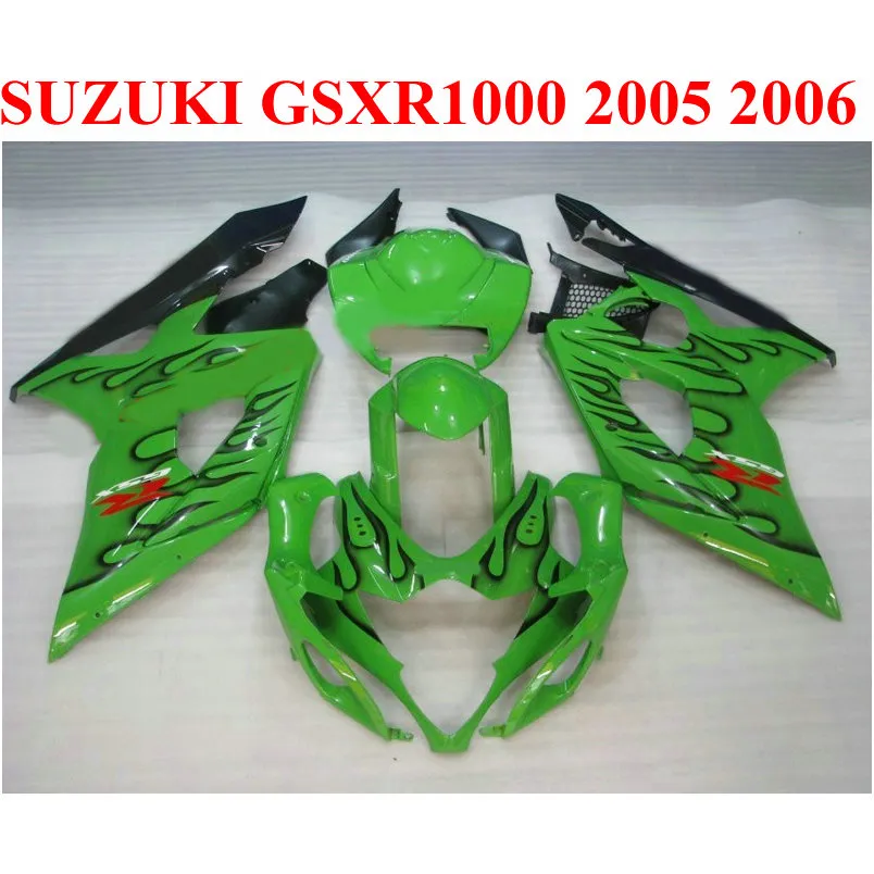 Idealne dopasowanie do SUZUKI 2005 2006 GSXR 1000 K5 K6 Plastikowy Zestaw Fairing GSX-R1000 05 06 GSXR1000 Black Flames Green Fairings Set QF50