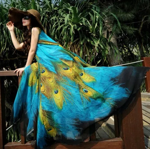 Mode 2015 Sommar Ny lång sektion Chiffon Ärmlös Stor Swing Peacock Print Dress Plus Size Bohemian Beach Dress Vestidos FG1511