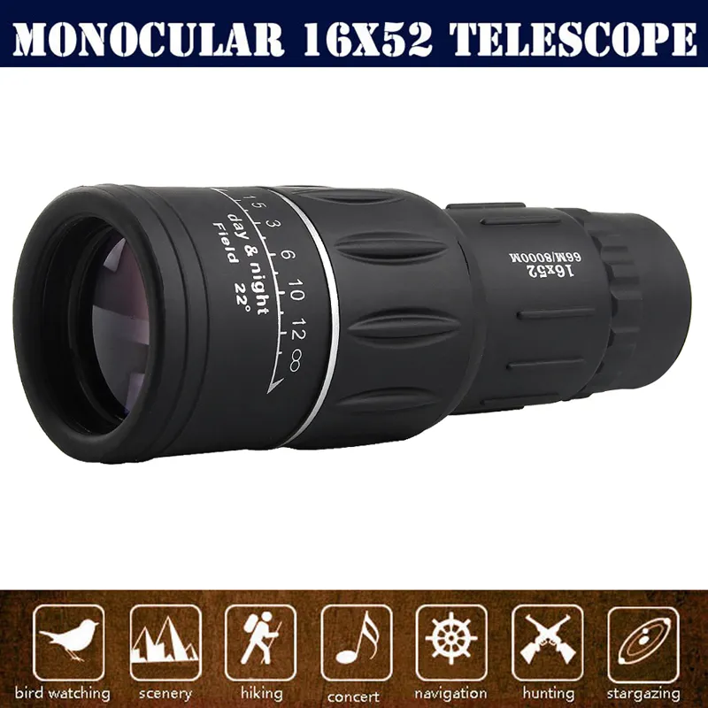 Halebor 16x52 Single Focus Optic Lens Day Night Vision Armoring Travel Monocular Telescope Scope met Universal Clip / 