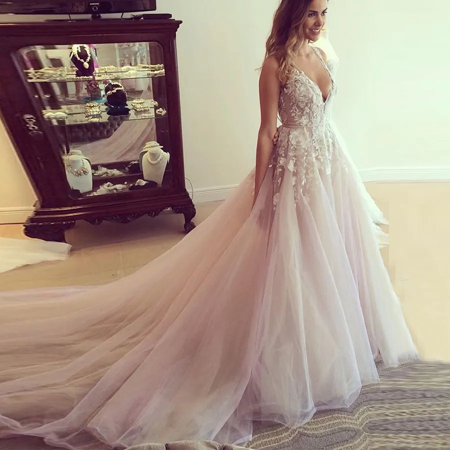 Gorgeous A-line Wedding Dresses Sexy Low V-Neck Bridal Gown Illusion Strap Keyhole Back Appliques Design Long Train