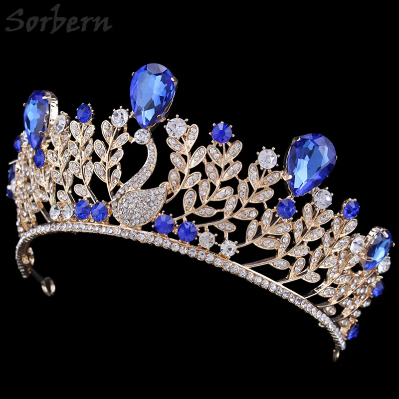 Copricapo corona di strass blu royal in lega d'oro spose Quinceanera vintage di lusso diademi e corone accessori feste di nozze