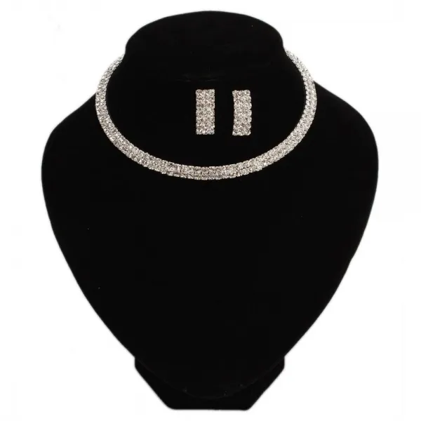 Kvinnor Mode Smycken Tre Triple Rader Rhinestone Bling Bling Silver Halsband Choker Örhängen För Bröllop Bridaler