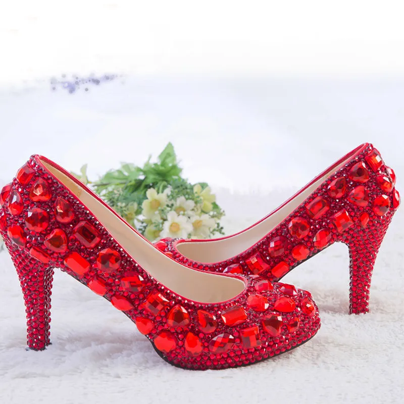 Rote Strass-Absätze für Damen, Kristall-Pumps, Hochzeits-Plateau-Kleid-Schuhe, Cinderella-Valentinstag-Party-Kleid-Schuhe, Größe 9 10 11