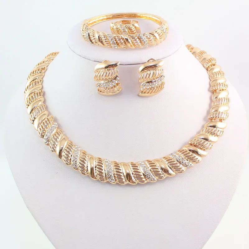 Vintage African Kristall Schmuck Sets Für Frauen Hochzeit Braut Zubehör Vergoldete Halskette Armband Ohrringe Ring Set