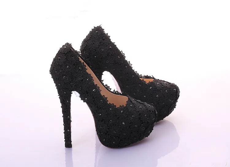 Super High Heel Bridesmaid Shoes Black Lace Rhinestone Bridal Wedding Shoes Beautiful Graduation Party Prom High Heels 2483