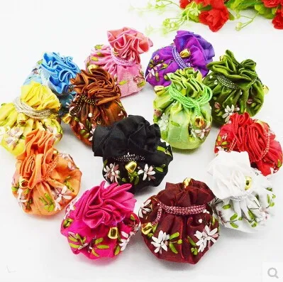 Cotton Filled Travel Multi Small Jewelry Gift Bags Drawstring Hand Ribbon Embroidery Silk Storage Pouches 50pcs/lot mix color Free shipping