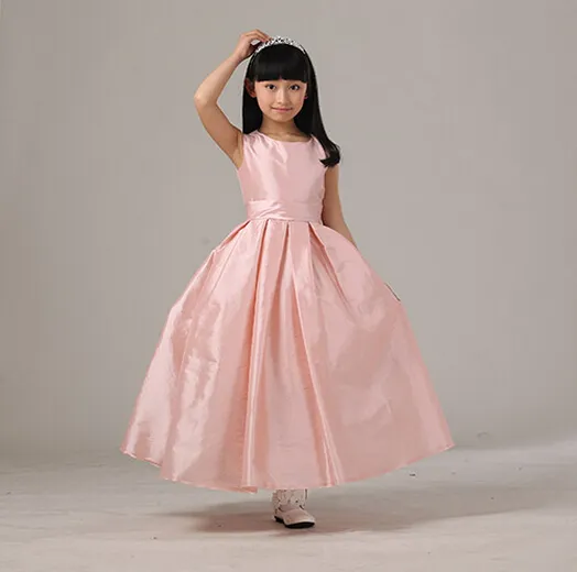 Petite princesse Taffate bijou cou longue fleur filles robes ceinture cheville longueur a-ligne fermeture éclair fête de mariage petite robe de bébé