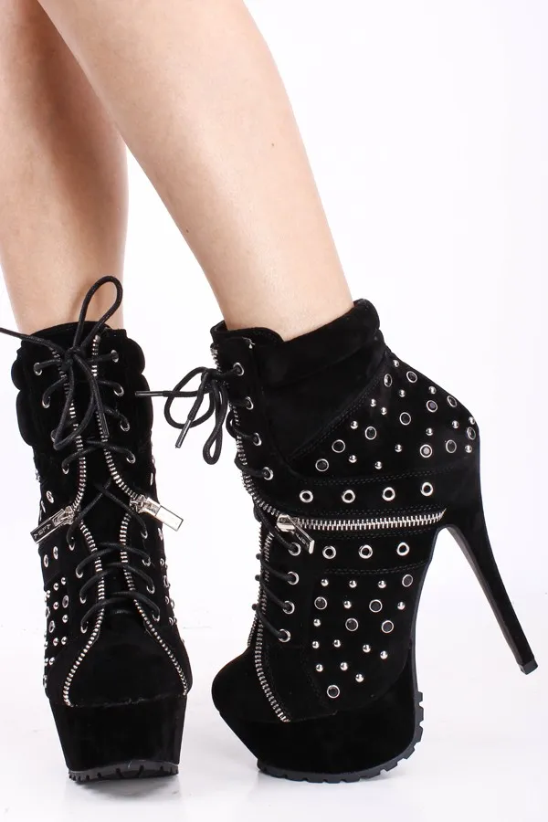 Handmade Fall Boots for Women Pumps Spiczaste palce Suede Długość kostki Boot Noga Zipper Rivet High Heel Shoes Nude / Black 2 Kolory