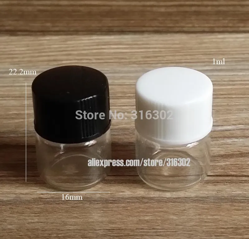 50 x 1ML Clear Transparent Sample Glass Vials Small Essential Oil Bottle with white Black Lids